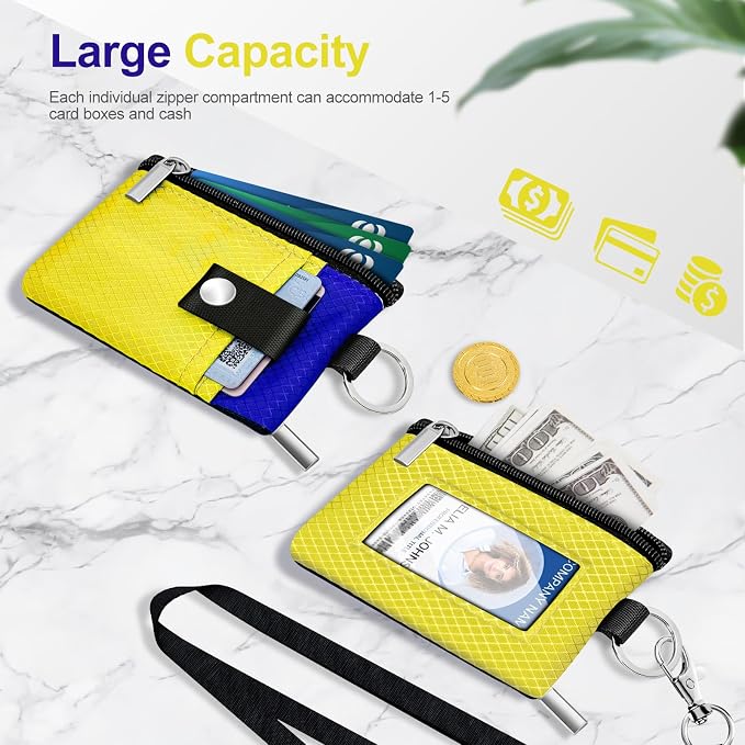 Minimalist RFID Blocking Small Wallet with ID Window,WaterResistant Zip Id Case Wallet with Lanyard Keychain for Cards,Cash,Travel,Women,Men (Lemon Yellow/Sapphire Blue) - Image 7