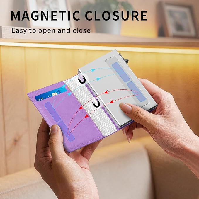 RFID Wallet Women: Stylish Security Metal Wallet for 10-12 Cards & 2 ID Windows - Smart Pop-Up Credit Card Holder & Cash Slot in Compact Trifold Design,Gift for Her(Purple) - Image 5