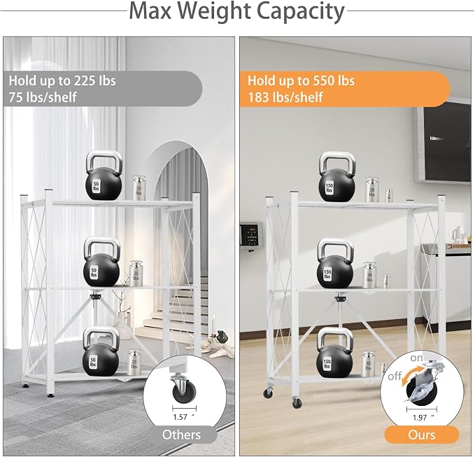 3 Tier Foldable Storage Shelf with Wheels Heavy Duty Garage Shelving | Unit Loads 550 LBS, Metal Steel Collapsible Shelves, Rolling Standing Utility Rack for Kitchen, Pantry, Office, White - Image 5