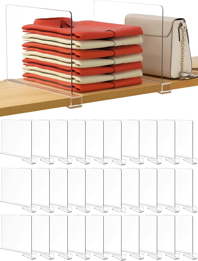 HBlife 30 Pack Clear Shelf Dividers, Vertical Purse Organizer for Closet Perfect for Sweater, Shirts, Handbags in Bedroom and Kitchen, Adjustable Acrylic Bookshelf for Organization by HBlife