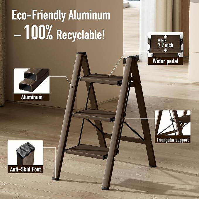 Mayi Plus 3 Step Stool Foldable, Aluminum, Lightweight Step Ladder | Extra-wide anti-slip folding steps with 330 lbs, for home,kitchen,office,outdoor,office,Walnut - Image 8