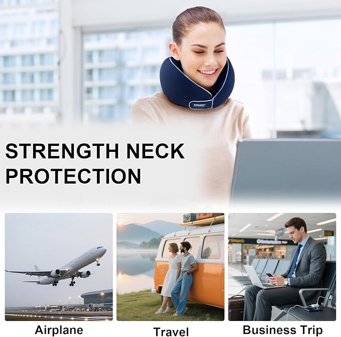 Travel Neck Pillow for Airplanes, Neck Support Pillow for Sleeping & Pain Relief, Stuffable Cervical Pillow, Portable Travel Essentials for Plane, Car & Office(Dark Blue) - Image 7