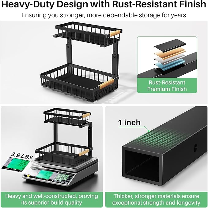 Kitstorack Under Sink Organizer, 2 Tier Under the Sink Storage, Slide out Pull out Cabinet Organizer Shelf, Metal Sliding Drawer for Kitchen Bathroom Pantry Closet Organization Rack, Black, 1 Pack - Image 5