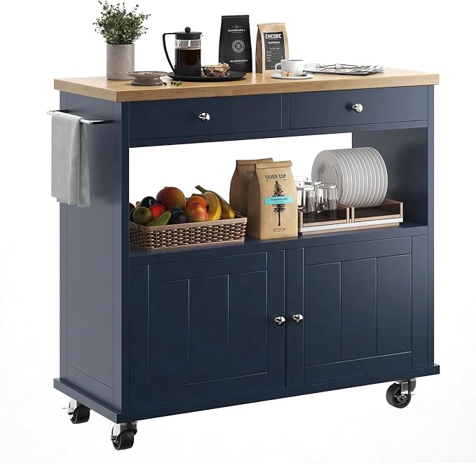 knoworld Rolling Kitchen Island with Storage Cabinet, 35.4'' Width Kitchen Cart, 2 Drawers Island Table, Portable Mobile Kitchen Island with Towel Rack, Wood Top and Lockable Wheels, Blue by KNOWORLD