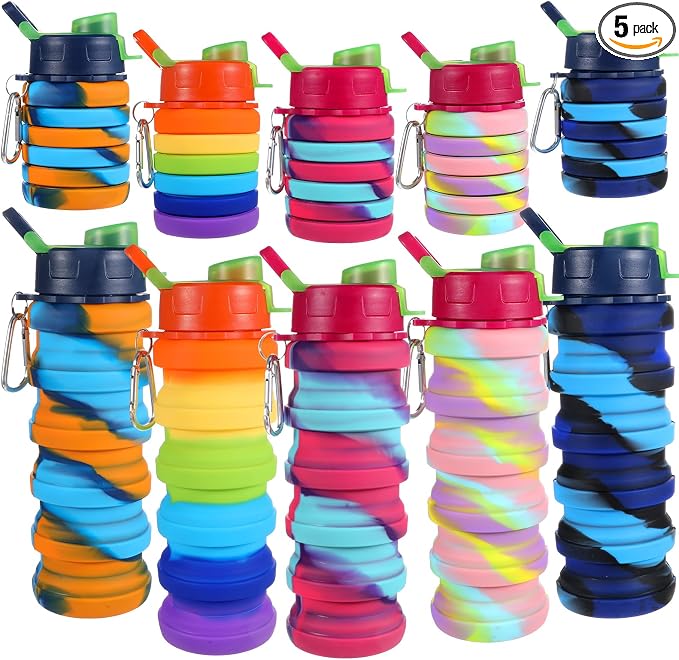 5 Pack Collapsible Water Bottles 17 oz Silicone Portable Lightweight Foldable Water Bottle with Carabiner Leakproof Reusable for Travel Camping Hiking Cycling Sport Outdoor(Rainbow) by Unknown