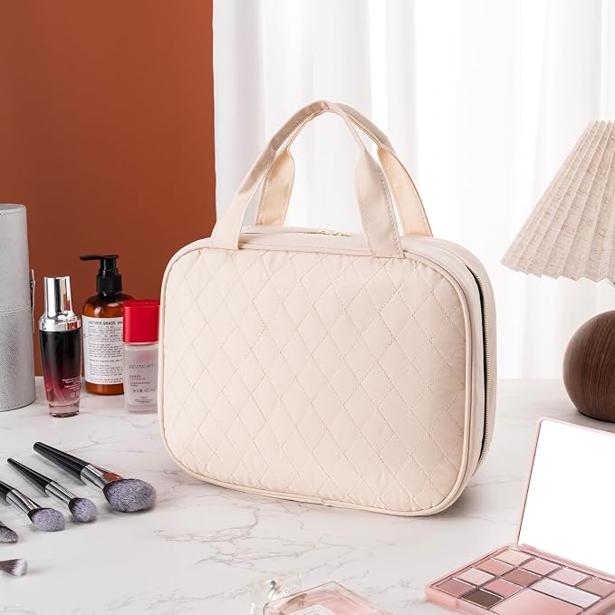 Travel Toiletry Bag for Women, Large Hanging Makeup Cosmetic Bag, Beige | Big Compartment but Portable, Water-resistant Makeup Organizer Bags for Accessories, Shampoo, Full-size Container, Toiletries - Image 5