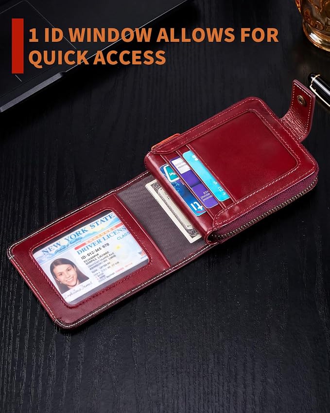 Men's Leather RFID Wallet with Zipper, 14 Card Slots, ID Window | Zippered coin pocket separates loose change; organized for commuting and everyday carry (Red) - Image 4