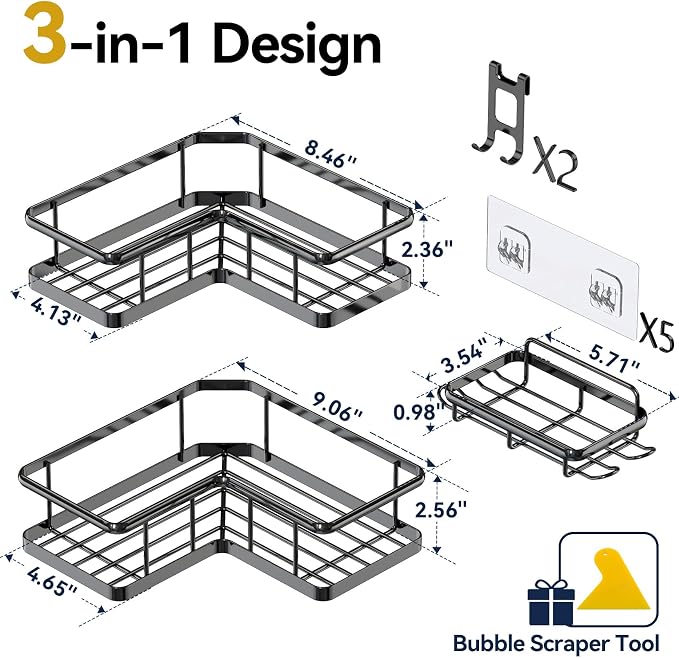 Corner Shower Caddy Adhesive, 100% Rustproof Shower Organizer with Soap Holder, No Drill Shower Shelf for Inside Shower, Wall-Mounted Shower Storage for Homes (3 Pack, Black) - Image 2