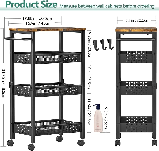 Vivihomety 4-Tier Laundry Utility Rolling Cart with Wheels, Metal | Narrow 8.1" wide, lockable wheels, wood top panel, metal frame, for laundry room, small spaces, pantry, tight gaps, Black - Image 2
