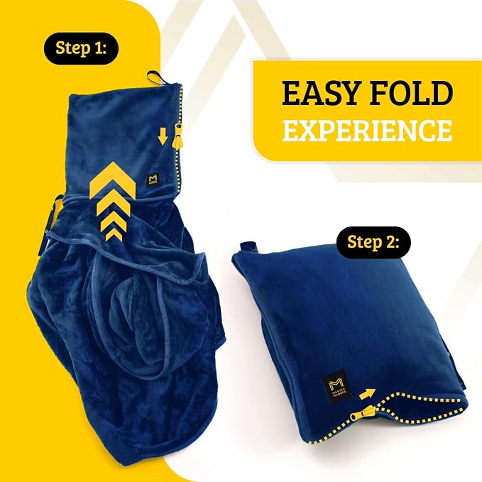 Travel Blanket Airplane Compact with Hoodie – 2in1 Airplane Travel Accessories from Plane Blanket to Travel Pillow with Luggage Strap, Soft Handle & Secure Pocket (Navy Blue, 62x41'') | 300 GSM fleece airplane blanket; attached hoodie doubles as its st... - Image 3