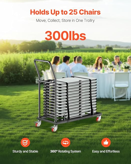 VEVOR Folding Chair Rack, 300 LBS Capacity, L-Shape Horizontal Placement Chair Cart for 25 Chairs, Heavy-Duty Metal Chair Storage Dolly with Rubber Wheels and Holders, Large Chair Holder, Matte Black | 300LBS Folding Chair Rack with Rubber Wheels & Hol... - Image 2