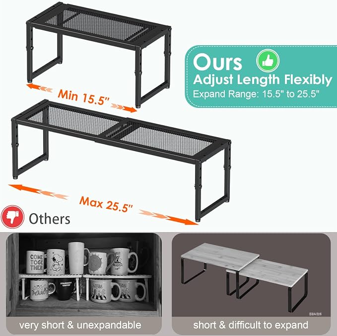 2 Pack Expandable Kitchen Cabinet Shelf Organizer, 15.5"-25.5" Long Adjustable Storage Shelves Organizers for Kitchen Countertop Pantry Cupboard Table Desk Counter, Stackable, 30LBS Load Capacity - Image 2