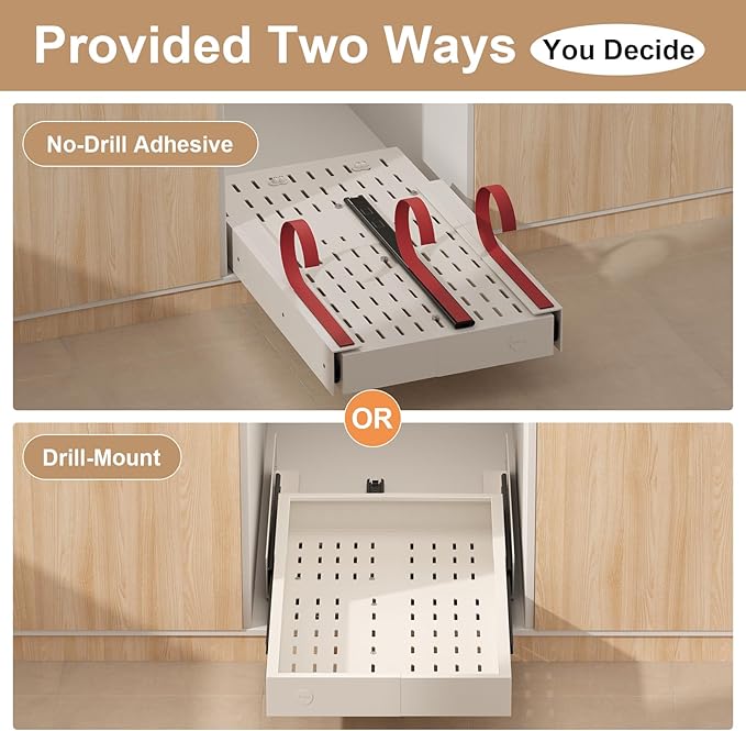 Fokyfok Pull out Cabinet Organizer,11"-17"W,25"-32"D,Expandable,Adhesive | No Drill,3 Rails,Adjustable Slide out Drawers for Kitchen,Pantry,Roll out Shelves,for Cabinets Without Lip,Bathroom,White,1PC - Image 6