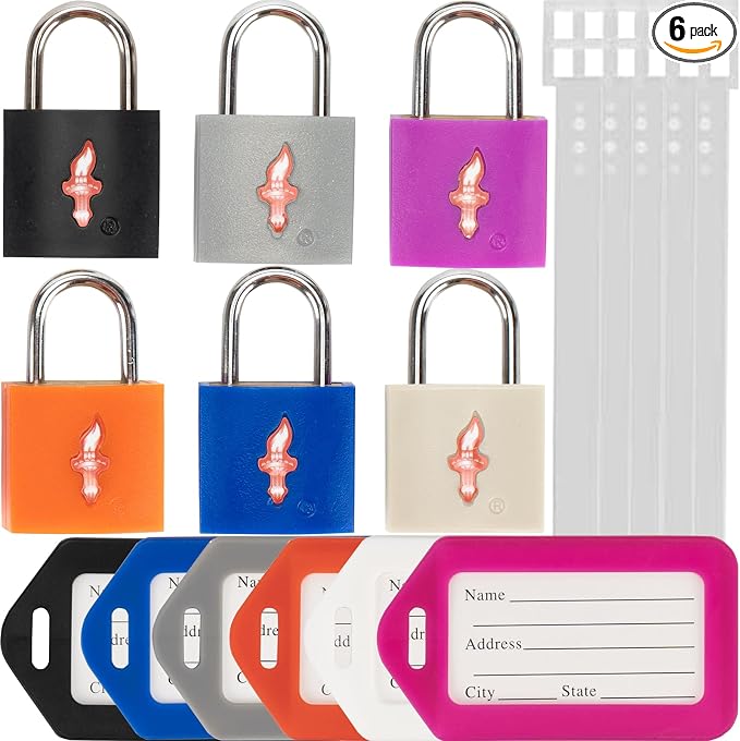 TSA Keyed Alike Luggage Lock 6-Pack 6 Colors + 6 Tags – Family Travel Set | 6 locks share 1 key. 6 assorted colors. 6 matching luggage tags. TSA Safe Skies approved. For family travel. by Colorfullife