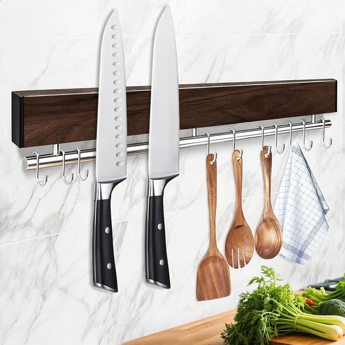 17 Inch Magnetic Knife Holder for Wall - Stainless Steel Magnet Knife Strip No Drill with 10 Hooks/Adhesive Tape/Screws, Wall Mounted Kitchen Utensil Holder, Walnut-Finish Magnetic Knife Organizer by Unknown