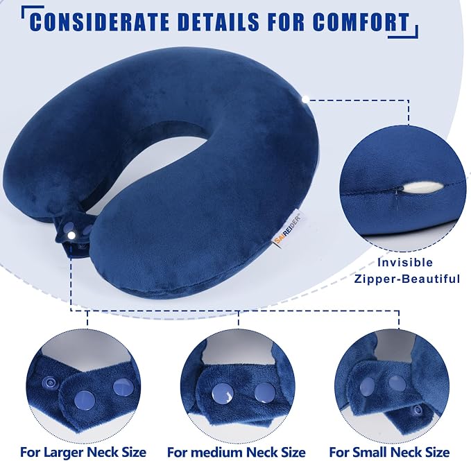 SAIREIDER Travel Pillow 100% Memory Foam Airplanes Neck Pillows -Prevent The Heads from Falling Forward Travel Neck Pillows with Sleep Mask and Earplugs (Navy Blue) - Image 5