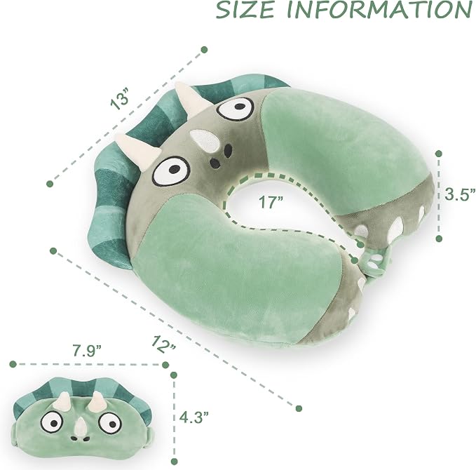 Sexysamba Cartoon Headrest & Neck Pillow for Kids Boys & Girls, Teens, Travel Accessories for Airplane, Car, Recline, Memory Foam Cute Travel Pillow with Sleep Eye Mask - Green Triceratops - Image 2