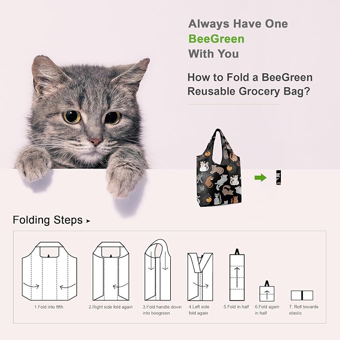 BeeGreen Gifts for Cat Lovers 6 Pack Cats Reusable Grocery Bags with Elastic Band Reusable Shopping Bags Bulk 50LBS X-Large Foldable-Machine Washable-Heavy Duty Kitten Bags - Image 4