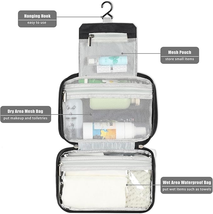 Compact Travel Toiletry Bag, Waterproof Hanging Shower Organizer | Portable Foldable Wash Pouch with Hook, for Women & Men Bathroom/Shaving/Camping, Space Saving Design - Image 3