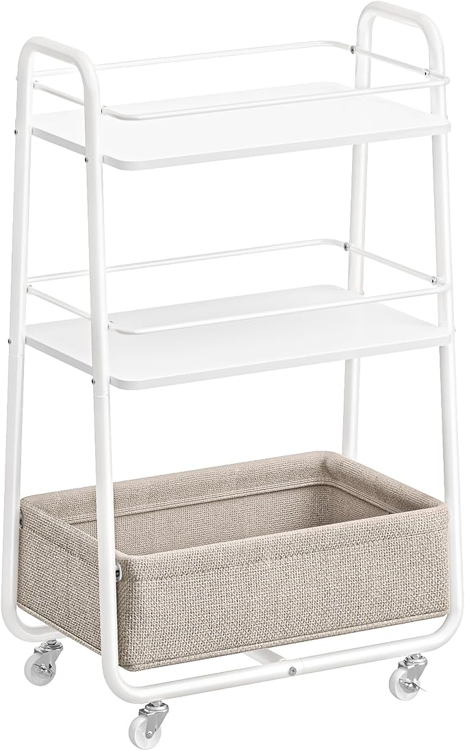 VASAGLE Storage Cart with Fabric Basket, 3-Tier Rolling Utility Cart | Cart with Wheels and Shelves, for Living Room, Bedroom, Kitchen, Cloud White, LILEA Collection ULRC001WB01 by Unknown