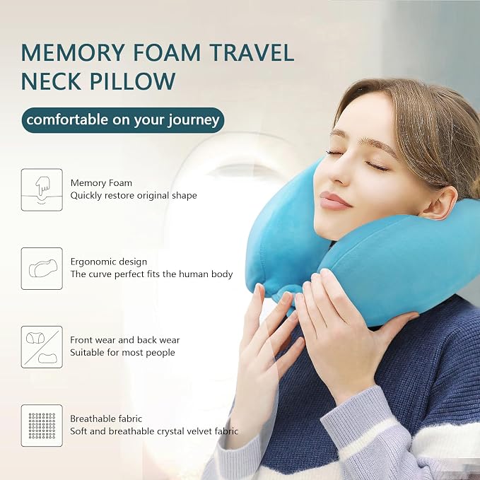 Travel Neck Pillow Comfort Memory Foam Neck Pillows for Airplanes Neck Support Pillow for Sleeping Traveling Trains Cars Offices Home Rest Blue - Image 5