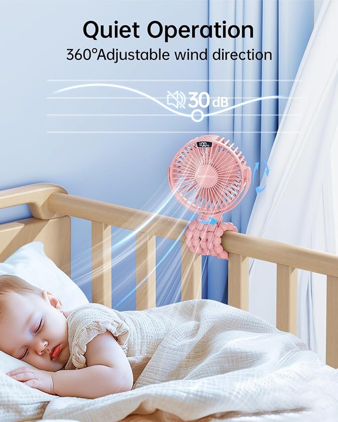 SWEETFULL Portable Stroller Fan with LED Display, 4 Speed Rechargeable Mini Clip On Fan, 360° Rotate Flexible Tripod Better Cooling Small Baby Fan for Car Seat Crib Travel Bike Treadmill (Pink) - Image 5
