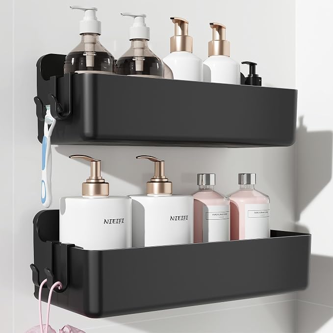 Nieifi Adhesive Shower Shelves, Black, 2 Pieces | Rustproof ABS, Large Capacity, Removable Design, No Drilling Shower Organizer for Bathroom Storage & Home Decor by Nieifi
