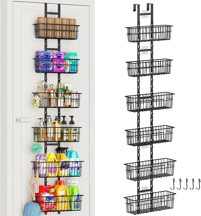 Hongtamoya Over The Door Organizer, Adjustable Hanging Door Organizer with 6 Wire Baskets 5 Hooks, Metal Behind The Door Storage for Pantry Closet Bedroom Bathroom Cabinet Kitchen Laundry Room, Black by Hongtamoya
