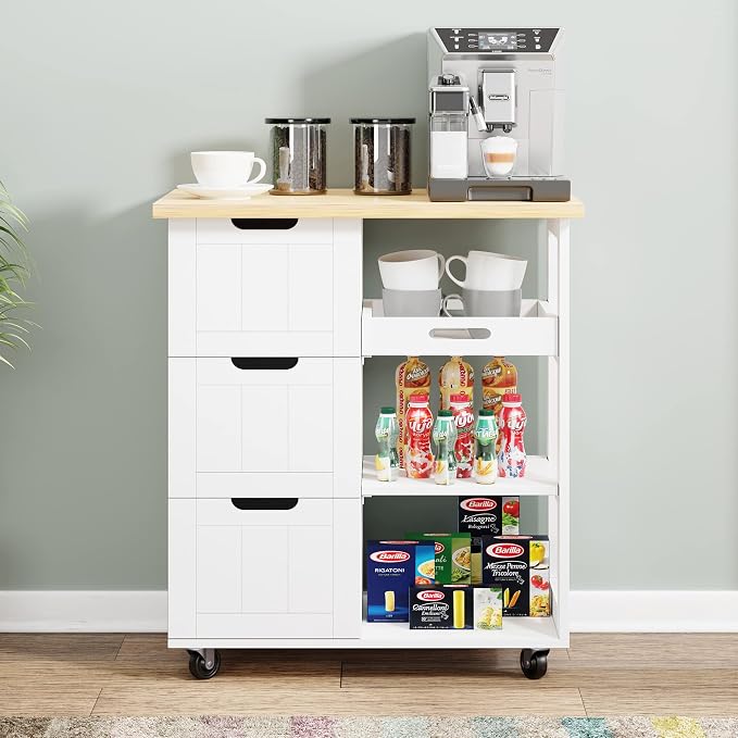 Shintenchi Kitchen Island Cart with Storage,Rolling Kitchen Island Storage Cabinet,Side Table on Wheels with Worktop,3 Open Shelves and 3 Drawers for Kitchen,Dinning Room, White - Image 6
