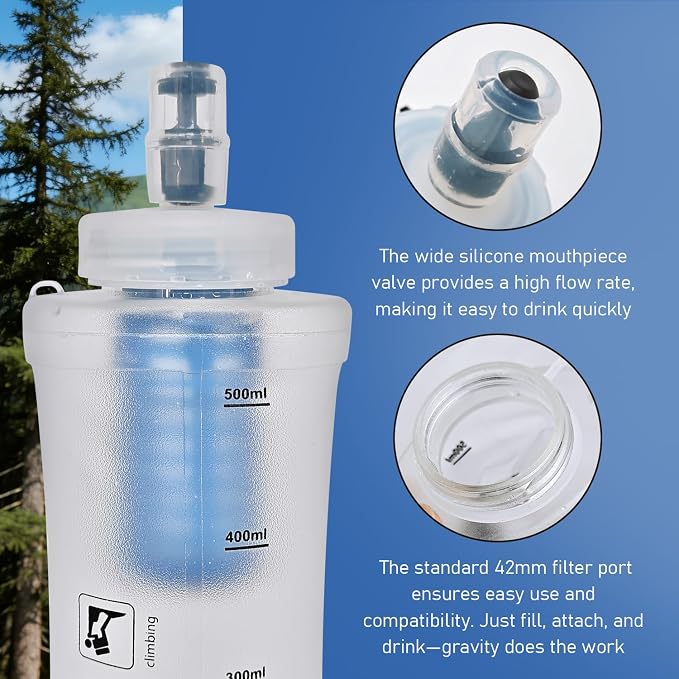 500ML Collapsible Water Bottle with Filter for Hiking, Camping & Travel - TPU Soft Flask, 0.1 Micrometer Hollow Fiber Membrane for Clearer, Better Tasting Outdoor Water(White) - Image 4