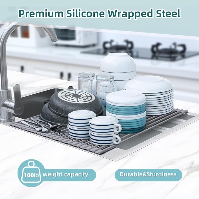 Ohuhu Sink Drying Rack, 20.5" W x 16.1" L Over The Sink Roll-Up Dish Drainer - Rolling Foldable Sink Accessories Heat-Resistant Mat Anti-Slip Silicone Coated Multipurpose for Kitchen Counter - Image 6