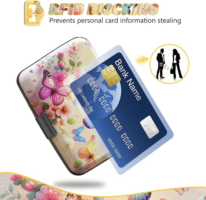 Credit Card Holder, Colorful Butterfly Mini RFID Small Aluminum Card Wallet | Blocking Slim Metal Business Card Case, RFID Blocking Front Pocket Wallet Hard Case Durable CC Holder for Women Girl - Image 2