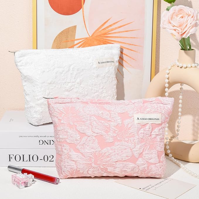 SOIDRAM 2 Pieces Flower Makeup Bag Large Floral Cosmetic Bag Capacity Canvas Travel Toiletry Bag Organizer Cute Makeup Brushes Aesthetic Accessories Storage Bag for Women, Flower L White Pink - Image 2