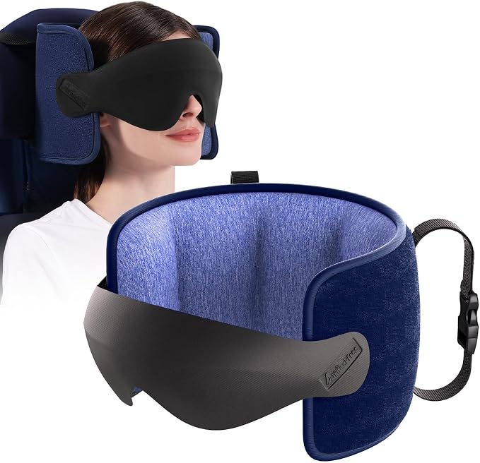 Travel Pillow for Airplanes Head Strap Support, 3D Eye Mask | 360 Airline Sleep Support Headrest Pillow No Bobbing Head Sleeping Aid Travel Essentials Long Flights/Car/Trip Faded Blue by AirNeckFree