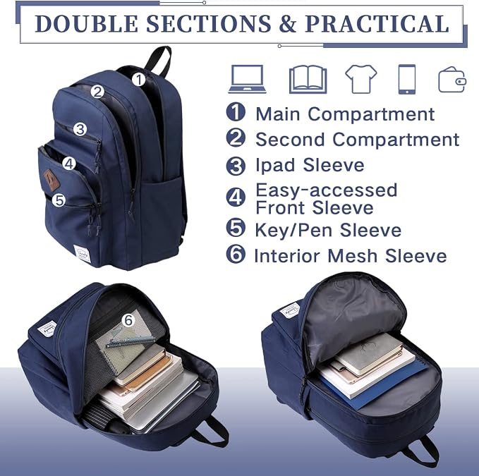 VASCHY School Backpack for Men, Unisex Large Bookbag Schoolbag Casual Daypack for High School/College/Teens/Travel/Work Blue - Image 5