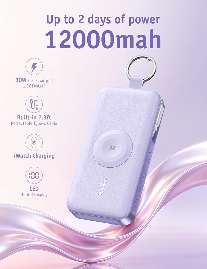 RORRY CharmGo Portable Charger 3 in 1 iPhone Power Bank for Apple 12000mAh | Built-in Retractable Cable Fast Charging Travel Keychain Battery Pack for Apple Watch /iPhone Air/17/16/15/14/13/12 - Image 2