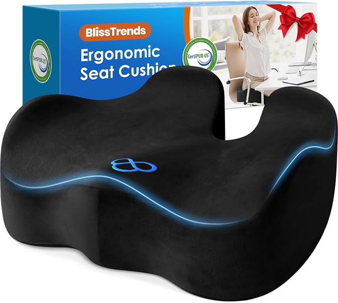 BlissTrends Extra Thick Seat Cushion for Office Chair & Car Seat, Black | Tailbone & Sciatica Relief, Ergonomic Support, High-Density Memory Foam, Comfort for Extended Sitting by BlissTrends
