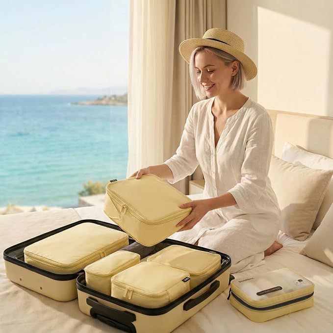 6 Set Compression Packing Cubes for 7–14 Day Travel, Bright Yellow | Nylon Oxford Fabric, Full Breathable Mesh, Reinforced Double-Zipper, Small to Large Size Bag, Expandable Packing System - Image 6