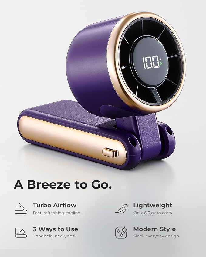 Portable Handheld Turbo Fan - 5 Gear High Speed 4000mAh Rechargeable Mini Personal Hand Fan Blow Cold Air, Battery Operated Travel Essentials, Beach Vacation, Gifts for Women, Men (Purple) - Image 2