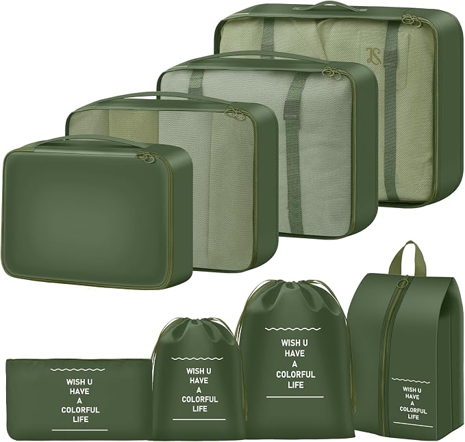 Packing Cubes for Travel- 8 Set Luggage Organizer Bags for Family, Mesh Breathable Travel Packing Cubes for Suitcases Durable Travel Essentials Bags Set (Deep Green, 8 Set) by YEEYAA