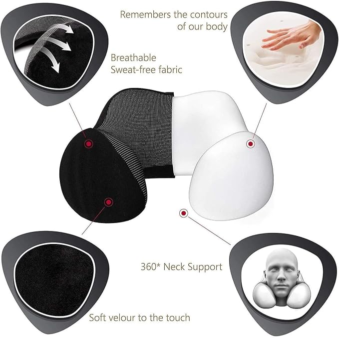 Airplane Travel Neck Pillow, 100% Memory Foam Ergonomic Neck Support, Airplanes Neck Pillow with Washable Cover Travel Essential for Flight & Office Include Eye Mask, Earplugs & Carry Bag (Black) - Image 2