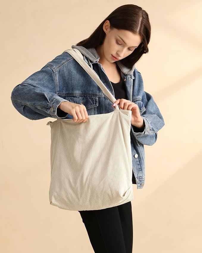 Iioscre Corduroy Tote Bag for Women,Hobo HandBags with Zipper | Large Capacity Casual Shoulder Bag with Inner Pockets for Shopping Work Daily Travel. - Image 3