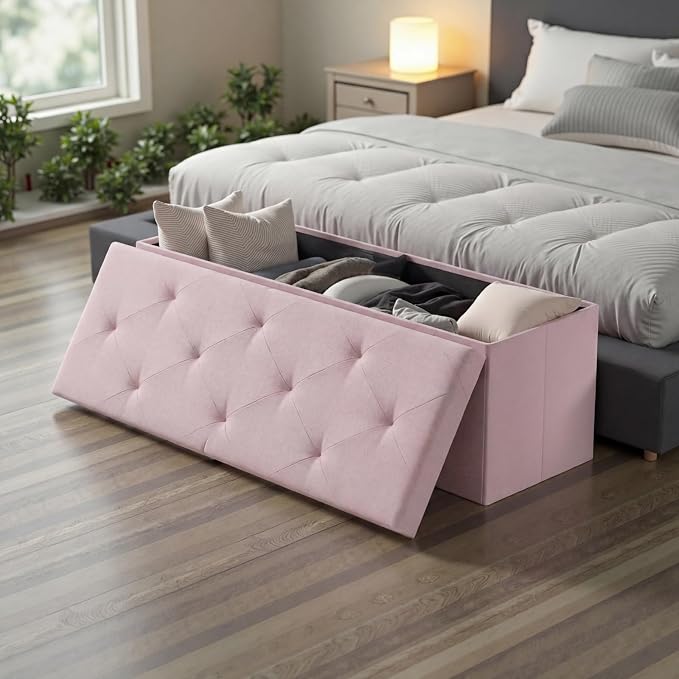 DUMOS 43 Inch Folding Storage Ottoman Bench, Large Ottoman with Storage | Storage Chest with Thicker Foam Padded Seat, End of Bed Foot Rest Stool for Bedroom Living Room Entryway, Load 660 lbs, Pink - Image 6