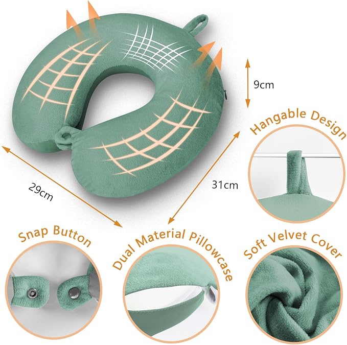 Travel Pillow, Memory Foam Neck Pillow for Traveling, U Shape Airplane Portable Flight Pillow Adult Travel Neck Pillow for Plane Train Car Home Office (Green) - Image 5