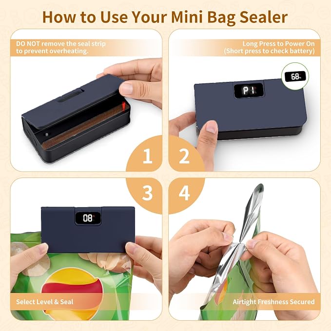 Rechargeable Mini Bag Sealer,6 Adjustable Levels Portable Heat Sealer With Cutter & Magnetic For Food Storage,Sealing Machine For Chip Plastic & Mylar Bags,Kitchen Gadgets for Food Resealer& Freshness - Image 4
