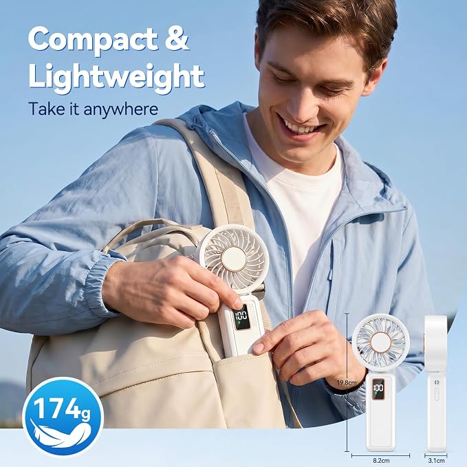 Handheld Fan, 5 Speed & 14H Cooling Time Portable Fan, 6000mAh USB Rechargeable Mini Fan with LED Display, Powerful but Quiet, Foldable Desk Fan, Lanyard for Neck Fan, Personal Fan for Travel/Office - Image 5