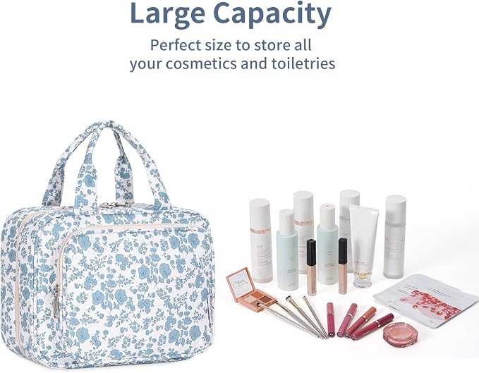 Narwey Hanging Floral Toiletry Bag for Women Travel Makeup Bag Organizer Toiletries Bag for Travel Size Essentials Accessories Cosmetics (Blue Flower (Medium)) - Image 6