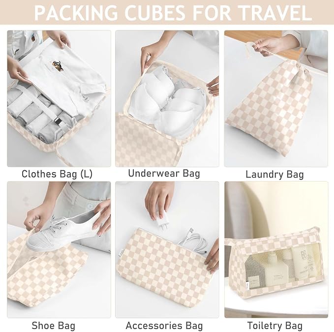 KPX 8 Set Packing Cubes for Travel, Luggage Packing Organizers Accessories Large Toiletries Bag for Clothes Shoes Cosmetics (Two-tone Khaki) - Image 4