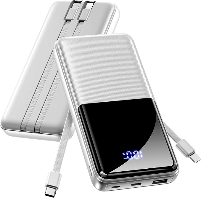 CFIAI Portable Charger 15000mAh Slim Power Bank with Built in Cables | 22.5W Fast Charge, Travel Essential, 50% Larger Capacity USB C Battery Pack for iPhone Samsung Android, Platinum by CFIAI