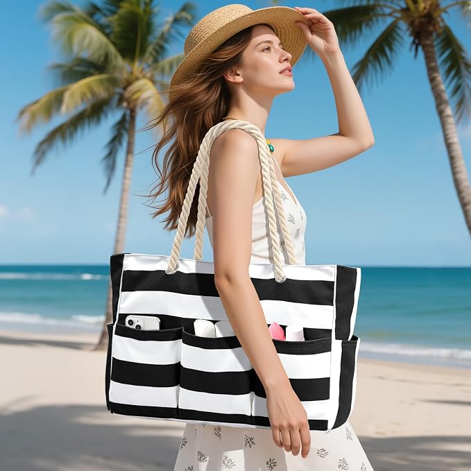 Becokan Beach Bags for Women Canvas Large Beach Tote Bag Zipper Waterproof Sandproof Foldable Swim Pool Bag with 7 Pockets - Image 2